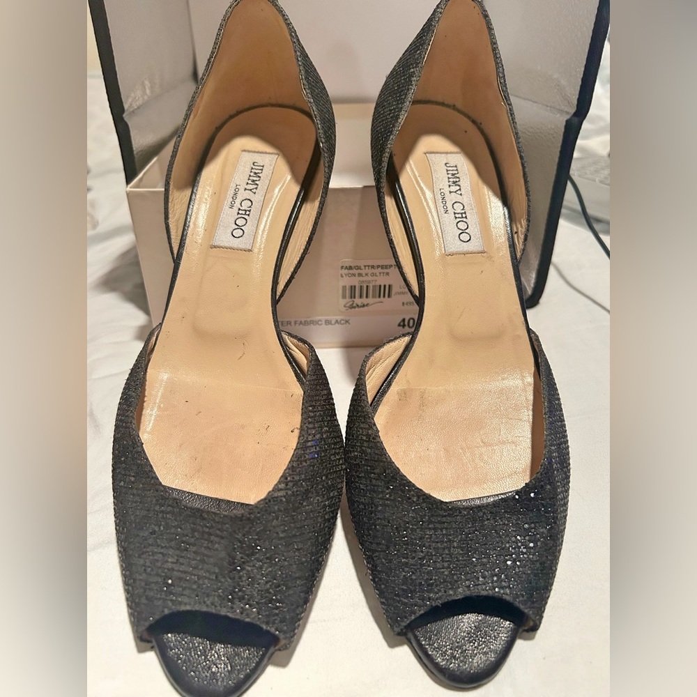 Jimmy Choo Lyon Black Glitter Peep Toe Kitten Heels size 40